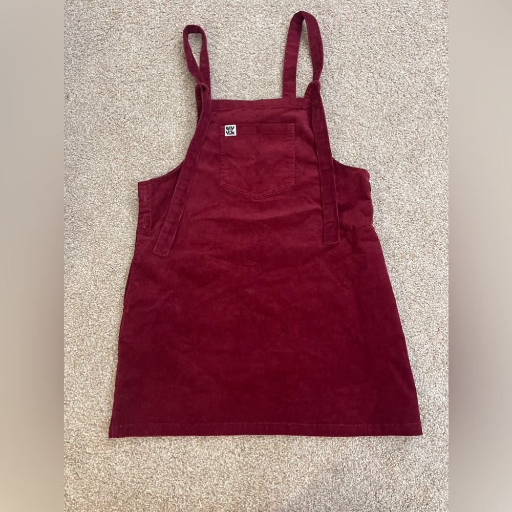Lucy & Yak Corduroy Pinafore Mini Dress in Deep Burgundy